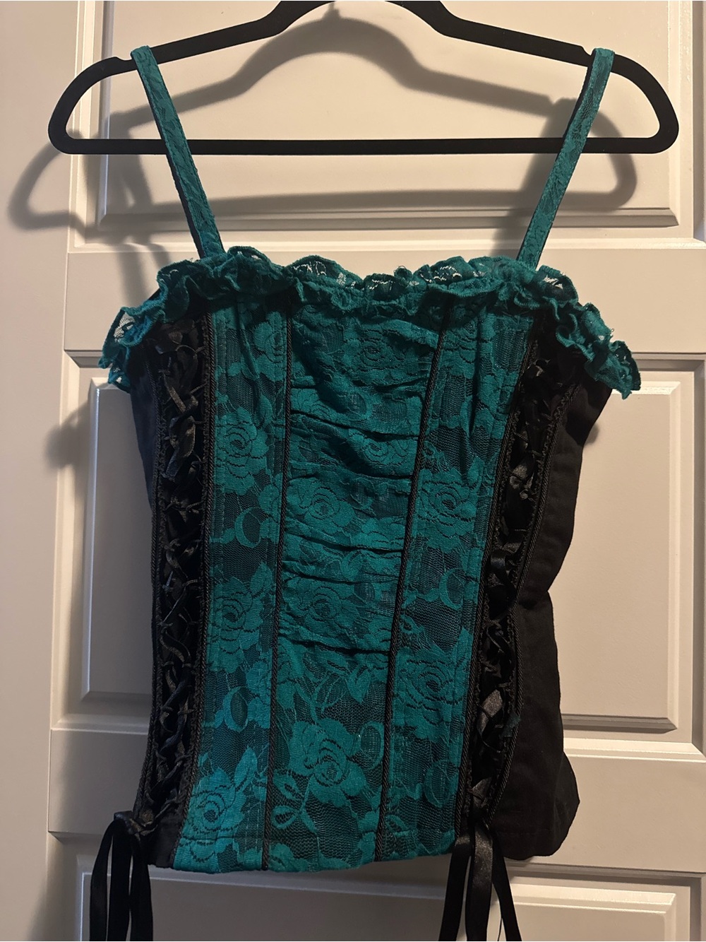 Vintage Y2K Tripp NYC Teal Lace Corset Top and Black Ruffle Skirt Set